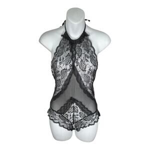 Black Lace Sheer Halter Teddy Small Lace Up Leather Back Cheeky Sleep Wear